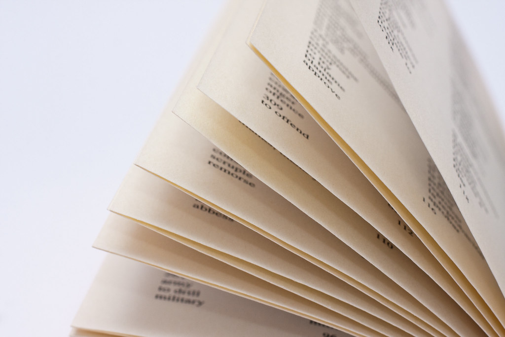 Close-up of the fanned pages of an open book